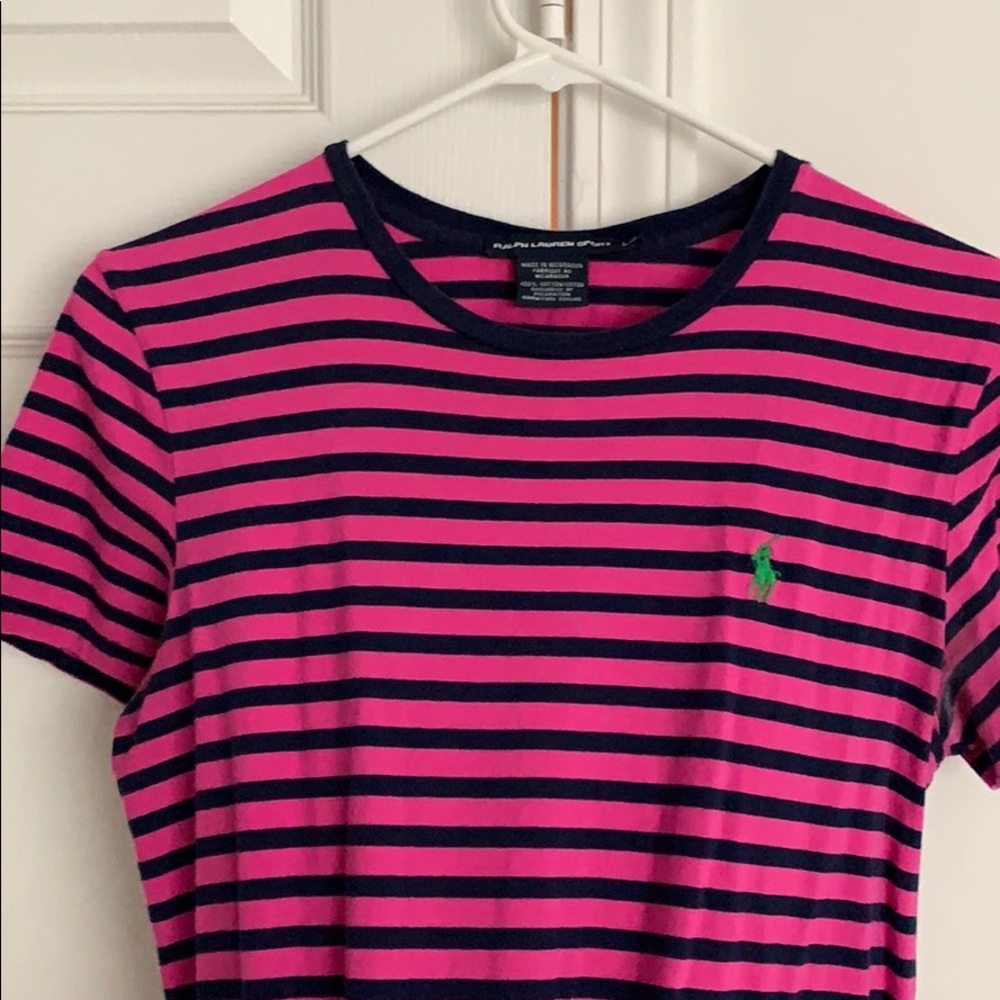 Pink & navy striped polo shirt with a green horse.